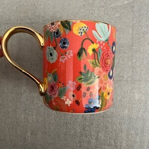 Rifle Paper By Anthropologie Floral Ceramic Mug with Gold Handle and Letter